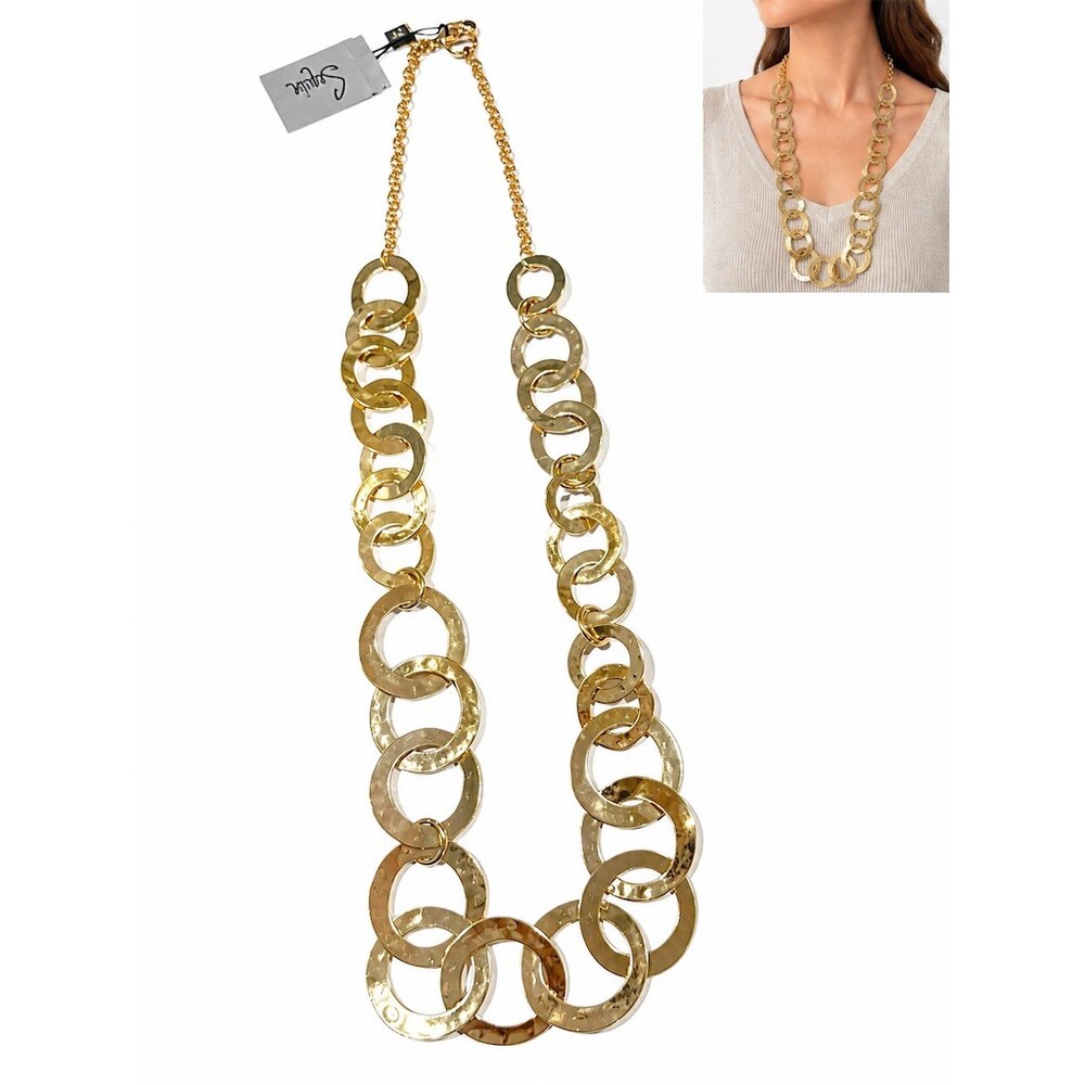 $98 Nordstrom Necklace Gold Hammered Interlocking Hoop Link Long Chain statement
